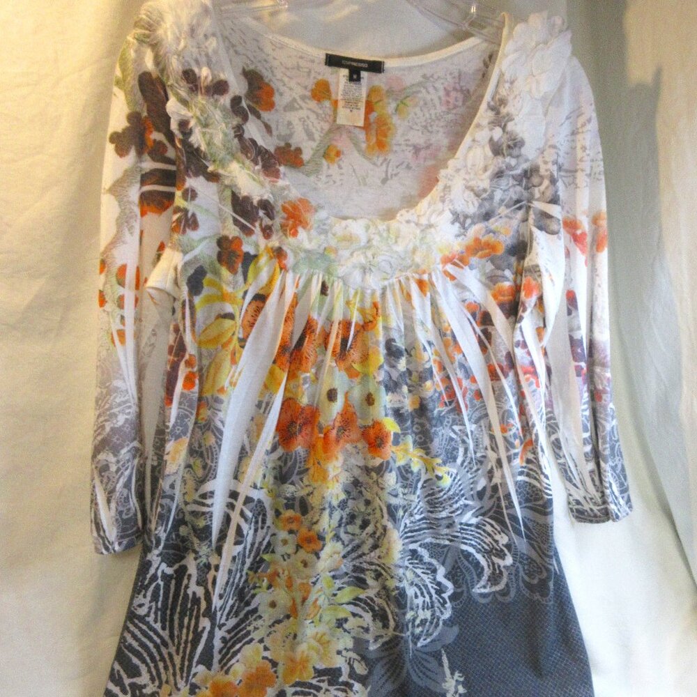 ESPRESSO STUNNING BLOUSE WITH ATTACHED FLOWERS EMPIRE WAIST & 3/4 SLEEVES~MEDIUM